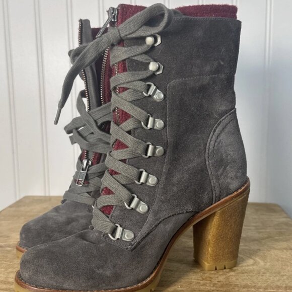 UGG Fabrice Gray Suede Heeled Lace-Up Combat Boots Size 5 Burgundy Lined - Picture 2 of 9